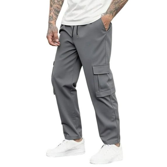 Dwralegc Work Pants for Men Casual Stretchy Work Lounge Pants Loose Fit Drawstring Elastic Waist Trouser Multi-Pocket Big and Tall Solid Color Pants Gray XXXL