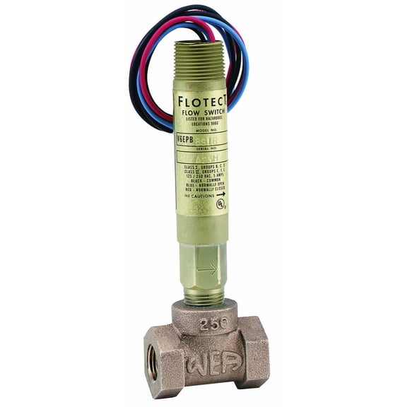 Dwyer V6EPB-B-S-4-B Flotect Series V6 Mini-Size Flow Switch, Brass Upper and Lower Housing, SPDT Snap Switch, 1-1/4" NPT Process Connection, Brass Tee J101