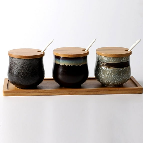 Dxcaicc Rustic Ceramic Spice Jar Set With Tray, Spoon, Seasoning Storage Container for Kitchen, Food Containers With Spoons and Lids for Salt Sugar Pepper, B