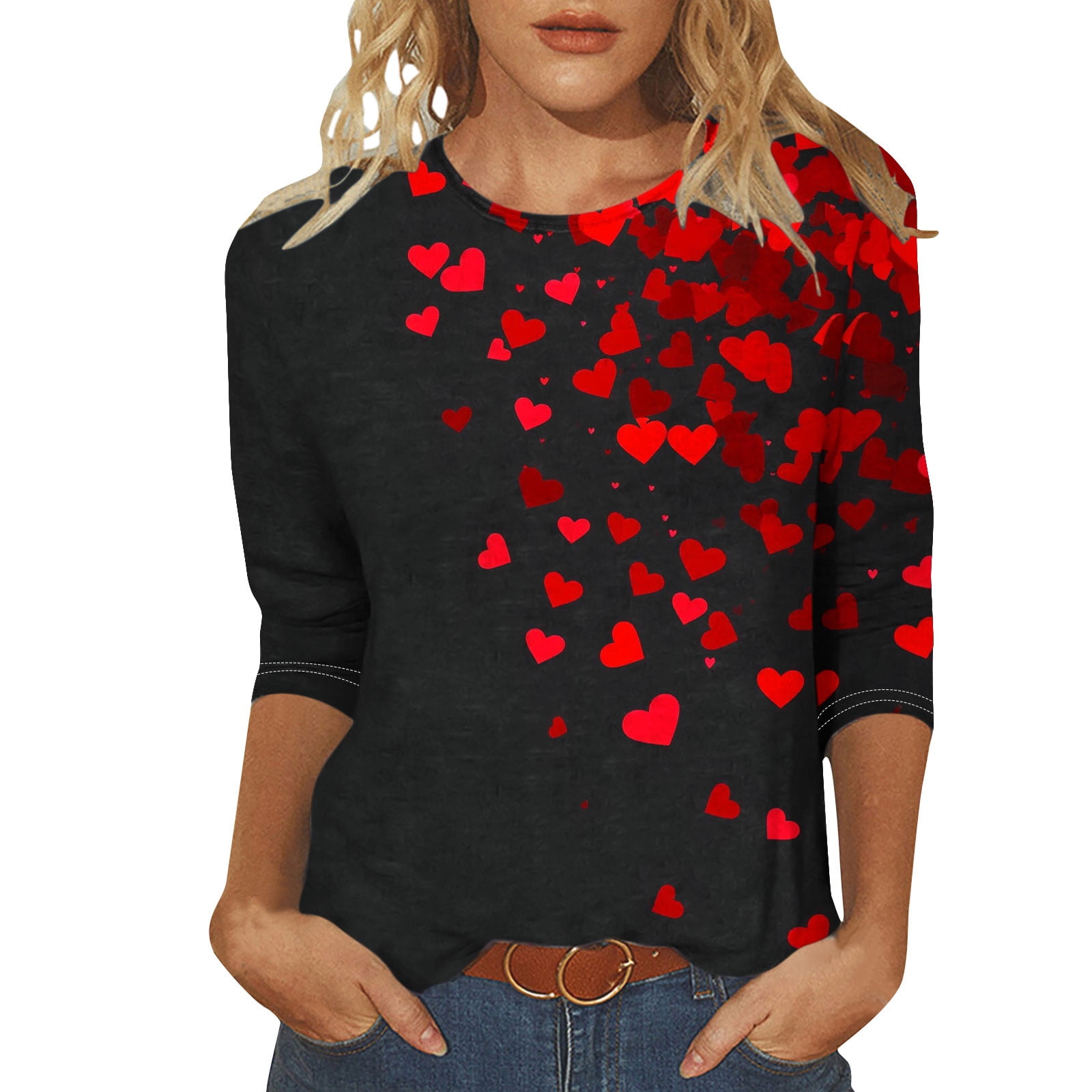 DxhmoneyHX 3/4 Sleeve Womens Plus Size Valentines Tops Spring Shirt