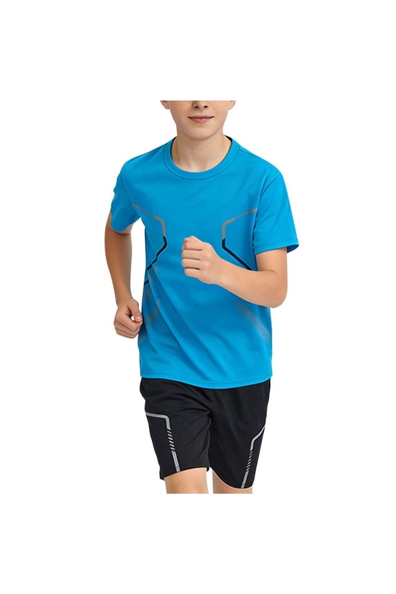Boys Athletic Two Piece Sets Elastic Waist Shorts and Performance Crew Neck T-Shirt Boy Clothes Set Summer Gym Workout Outfits for 12-16Years