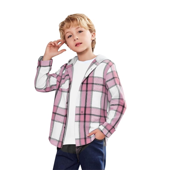 DxhmoneyHX Boys Hooded Plaid Shackets Long Sleeve Button Down Hooded Shirts Jacket with Pocket for Fall Winter 3-13 Years