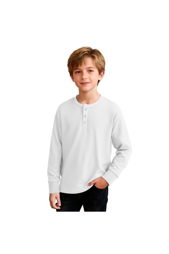 Boys Long Sleeve Shirts Crew Neck Half Button Waffle Knit Tops Loose Fit Summer Classic Basic Lightweight Fashion Tees