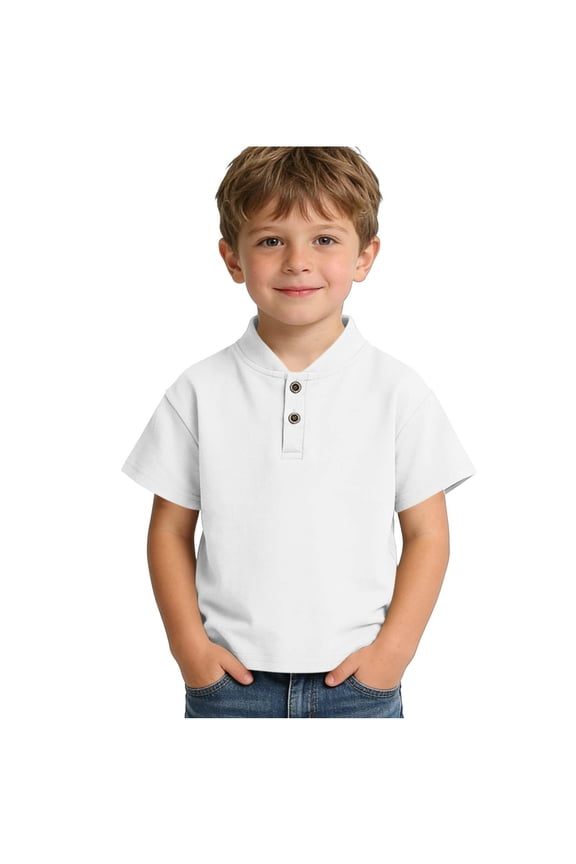 Boys Short Sleeve Cotton T Shirt Stand Collar Button Shirts Casual Summer Kids School Play Tee Tops Age 2-8 Years