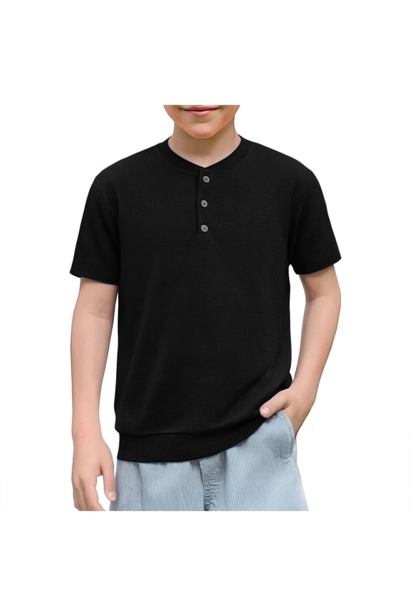 Boys Short Sleeve Shirts Crew Neck Half Button Waffle Knit Tops Loose Fit Summer Classic Basic Lightweight Fashion Tees
