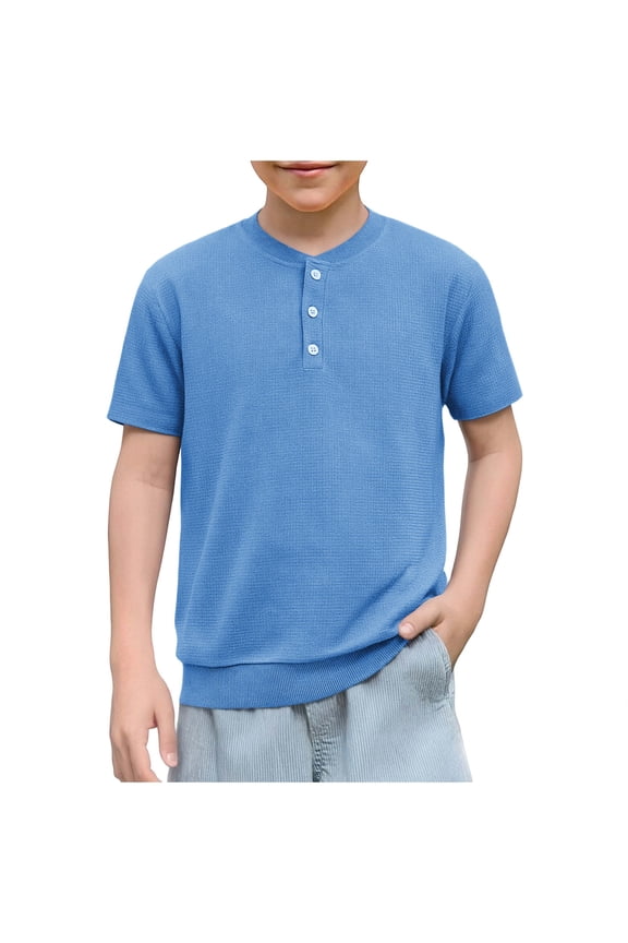 Boys Short Sleeve Shirts Crew Neck Half Button Waffle Knit Tops Loose Fit Summer Classic Basic Lightweight Fashion Tees
