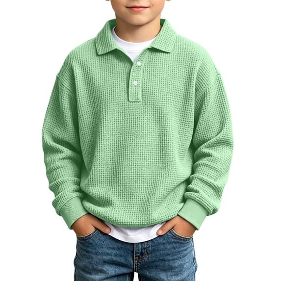 DxhmoneyHX Boys Waffle Knit Textured Sweatshirt Button Lapel Collar Long Sleeve Pullover Top Casual Fall Winter 3‑14 Years