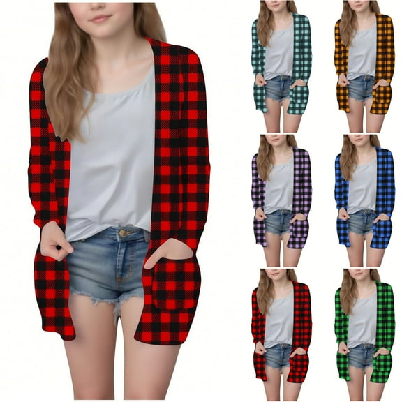 DxhmoneyHX Christmas Cardigan Sweaters for Girls Xmas Tree Plaid Knitting Coat Open Front Cardigans Holiday Long Sleeve Jacket Outwear with Pockets