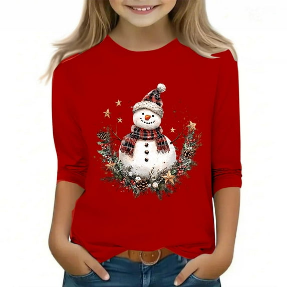 DxhmoneyHX Christmas Shirts for Girls Cute Snowman Graphic Tees Fall Winter Clothing Holiday Fashion Crewneck Sweatshirt 3/4 Sleeve Tops Size 7-8Years