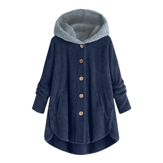 DxhmoneyHX Womens Plus Size Button Jacket Plush Solid Color Hooded Jacket Loose Cardigan Coat Winter Jacket Sweater