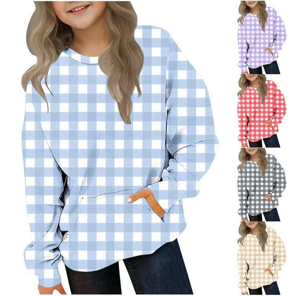 DxhmoneyHX Crewneck Sweatshirts for Girls Plaid Graphic Oversized Sweatshirt Lightweight Kids Long Sleeve Cute Pullover Tops with Pocket 2-12 Years