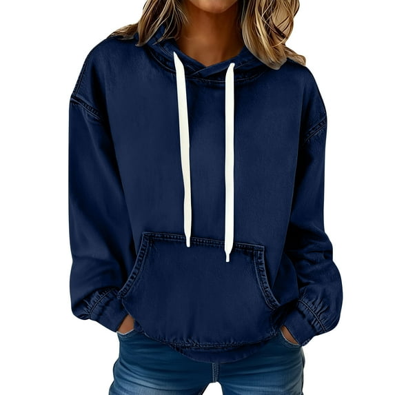 DxhmoneyHX Denim Hoodies for Women Casual Long Sleeve Drawstring Sweatshirt Pullover with Pockets