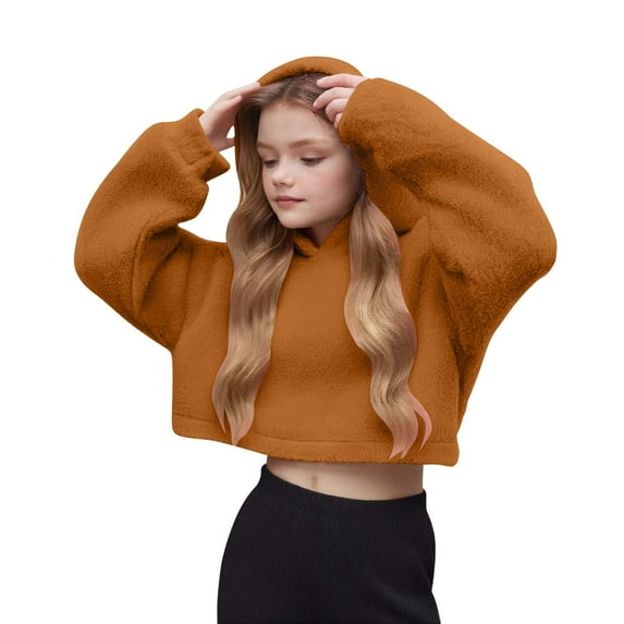 DxhmoneyHX Fleece Hoodies for Girls Soft Comfy Warm Long Sleeve Crop Tops Fashion Solid Plush Pullover Sweatshirts Fall Winter Outfits Size 13 Years