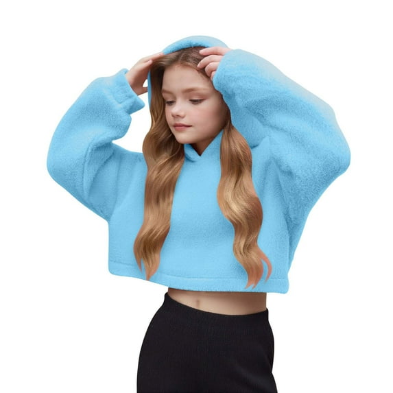 DxhmoneyHX Fleece Hoodies for Girls Soft Comfy Warm Long Sleeve Crop Tops Fashion Solid Plush Pullover Sweatshirts Fall Winter Outfits Size 9 Years