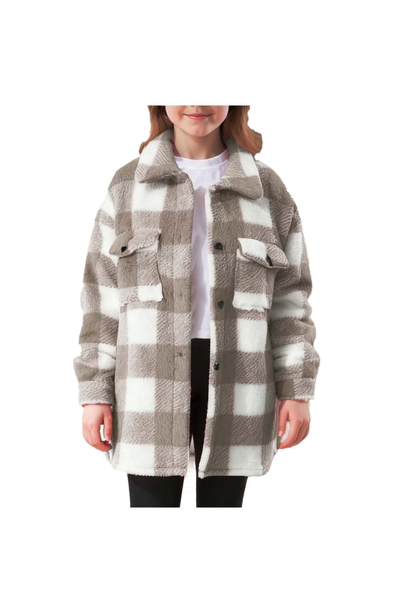 Fleece Jacket for Girls Fashion Button Down Plaid Shacket Casual Loose Going Out Tops Soft Comfy Warm Long Sleeve Fall Coats with Pockets Size 8-9Years
