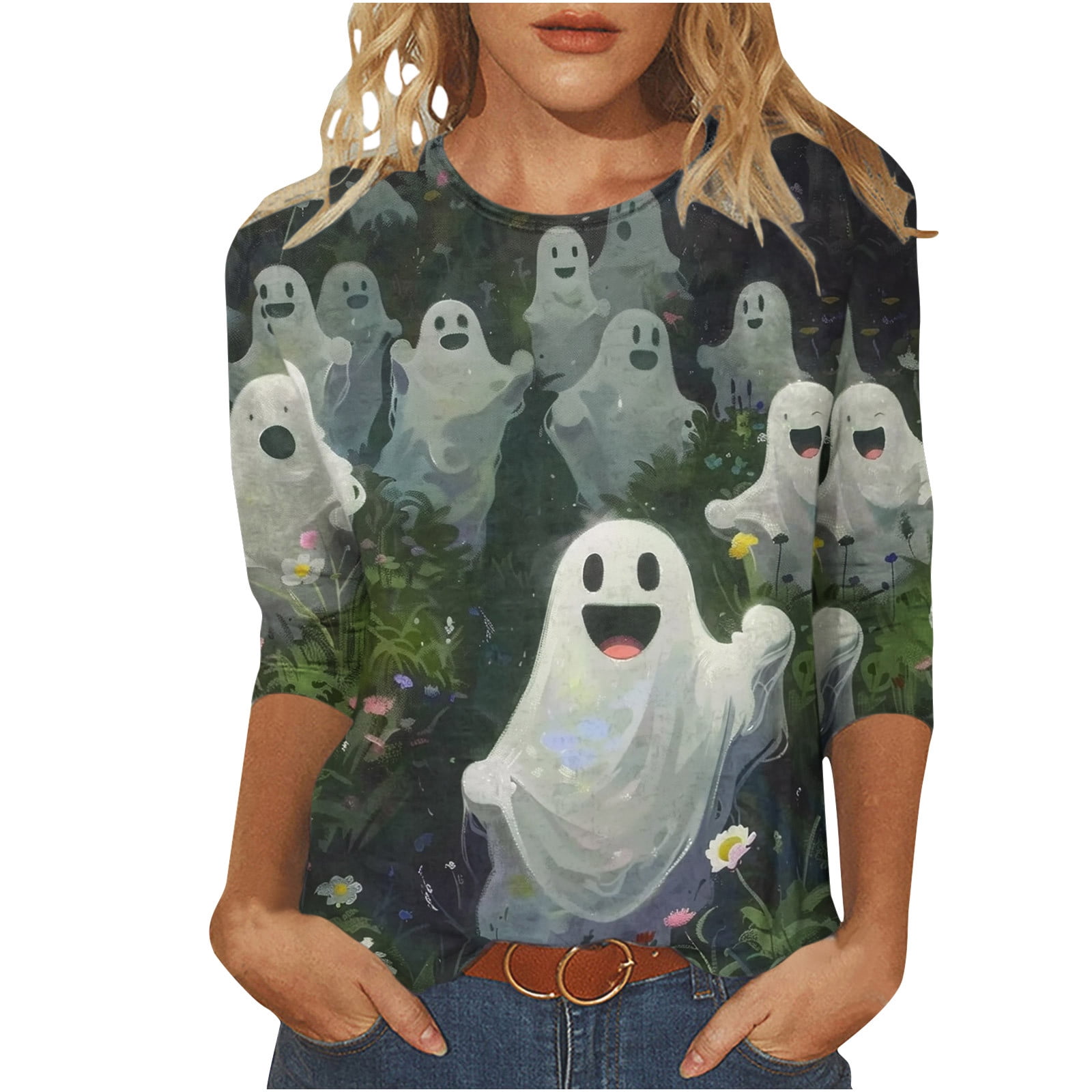 DxhmoneyHX Funny Halloween T Shirts for Women 2024 3/4 Sleeve Blood
