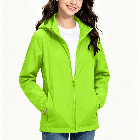 DxhmoneyHX Girls 2 Pack Full Zip Hooded Rain Jacket Long Sleeve Waterproof Windproof Soft Shell Coat Lightweight Windbreaker for Camping Cycling 4‑12 Years