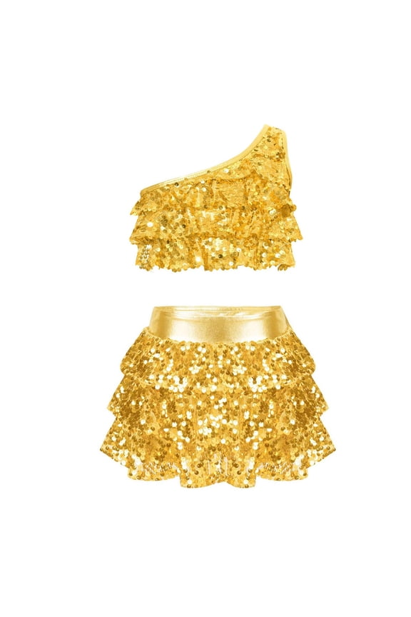 Girls 2 Piece Dance Outfits Set Sparkly One Shoulder Crop Top with Layered Skirt Jazz Latin Ballroom Costume Glittery Kids Dress Up Sets Age 2-14 Years