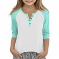 thumbnail image 1 of DxhmoneyHX Girls 3/4 Length Sleeve Cotton Shirts Dressy Button V Neck Henley Shirt Casual Block Raglan Tunic Blouses Age 3-14 Years, 1 of 6