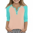 thumbnail image 1 of DxhmoneyHX Girls 3/4 Length Sleeve Cotton Shirts Dressy Button V Neck Henley Shirt Casual Block Raglan Tunic Blouses Age 3-14 Years, 1 of 6