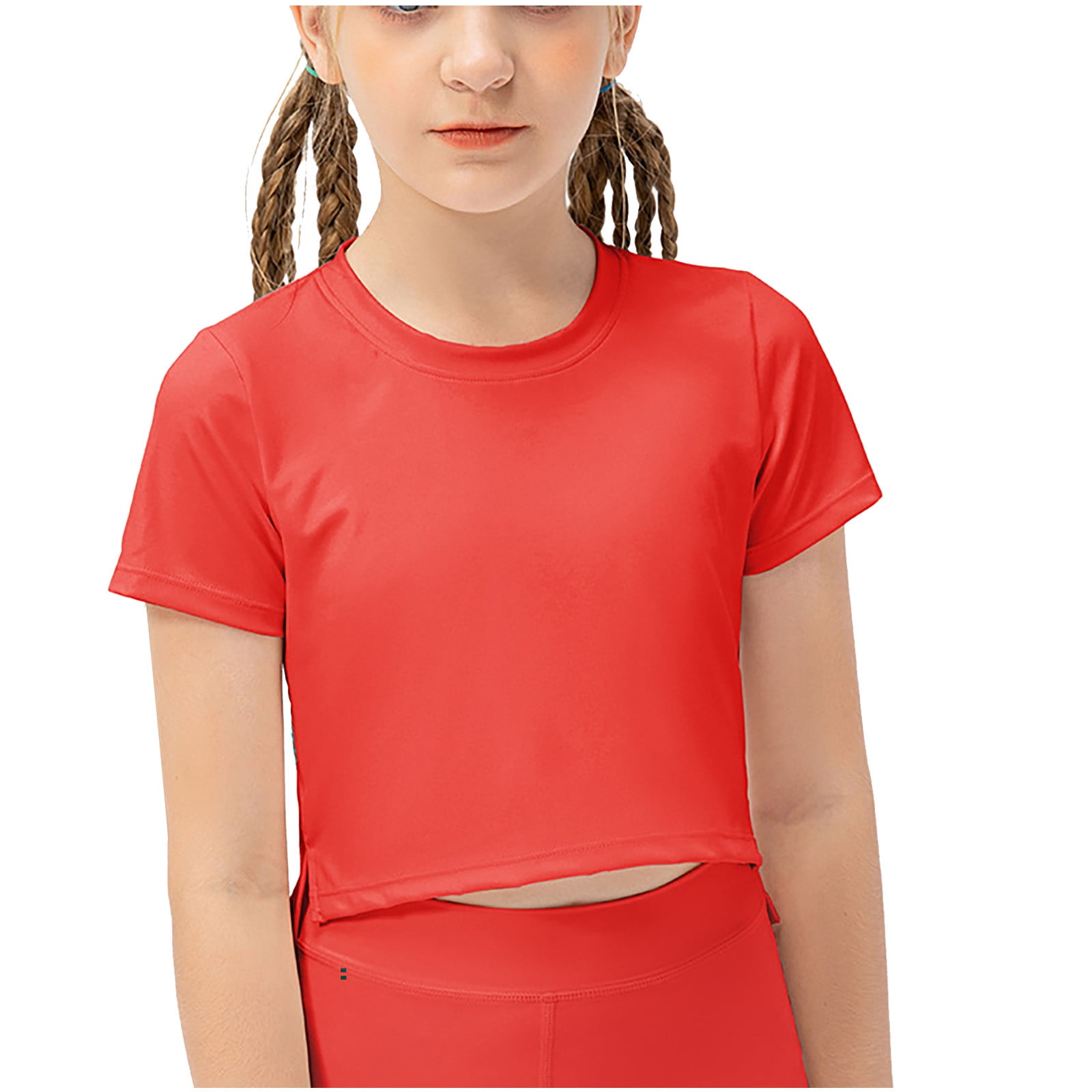 DxhmoneyHX Girls Athletic Crop Basic Tops Kids Slimt Fit Short Sleeve T 