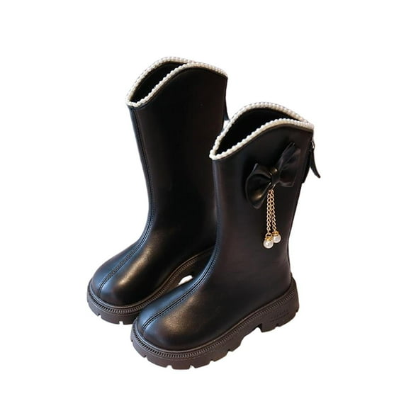 DxhmoneyHX Girls Boots Fashion Vintage Solid Faux Leather Shoes Fall Winter Lightweight Slip on Casual Shoes Cute Bow Mid Calf Boots Size 30