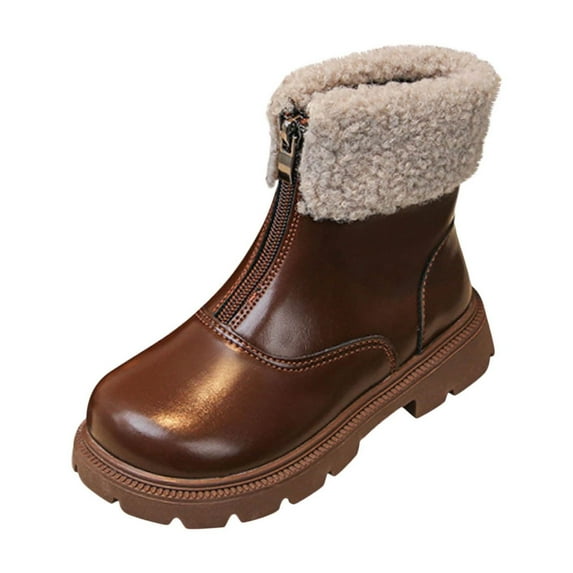 DxhmoneyHX Girls Boots Plush Fleece Lined Warm Snow Shoes Winter Fashion Front Zipper Square Toe Ankle Boots Low Heel Faux Leather Loafers Size 4.5-5Years
