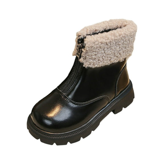DxhmoneyHX Girls Boots Plush Fleece Lined Warm Snow Shoes Winter Fashion Front Zipper Square Toe Ankle Boots Low Heel Faux Leather Loafers Size 9-9.5