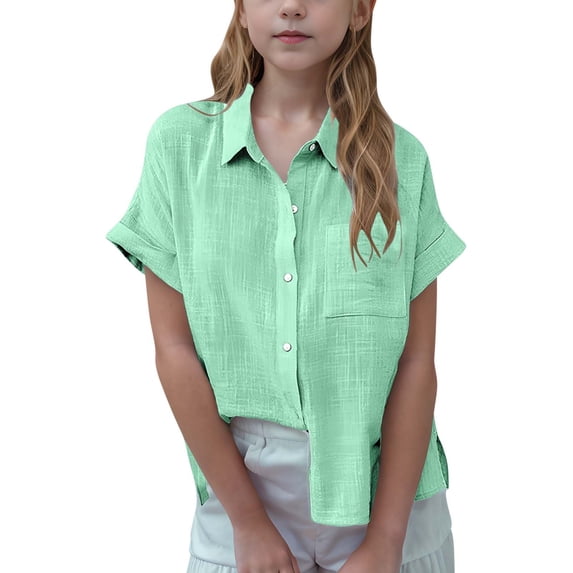 DxhmoneyHX Girls Button Down Shirts Kids V Neck Lapel Short Sleeve Dress Shirts Classic Fit School Uniform Blouse with Chest Pocket Size 3-14 Years