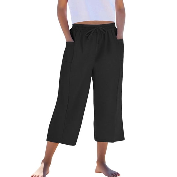 DxhmoneyHX Girls Capri Pants Kids Drawstring Elastic Waist Capris Cropped Pants Comfy Casual Summer Beach Lounge Straight Pants with Pockets Age 4-14 Years