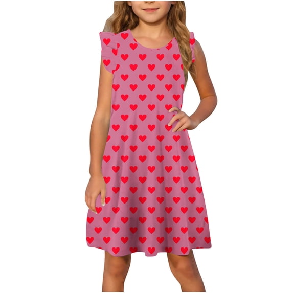 DxhmoneyHX Girls Casual Beach Dress Crew Neck Heart Print Ruffled Sleeveless Loose Fit Summer Beach Kids Comfortable A Line Swing Dress