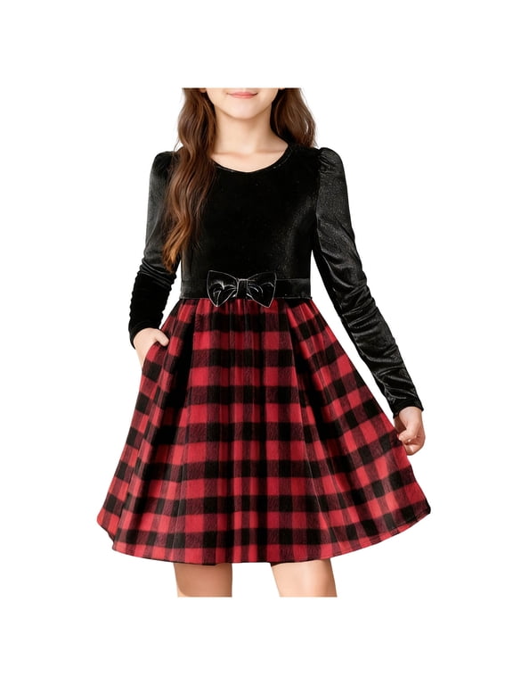 Girls' Corduroy Textured Plaid Dress Patchwork Long Sleeve Skirt Cute Fashion Princess Dress with Bow for Fall Winter 4-12 Years