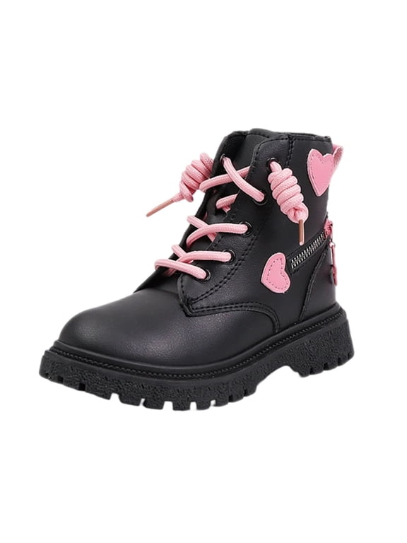 Girls Faux Leather Martin Boots Side Zipper Lace Up Soft Sole Short Boots Cute Warm Outdoor Shoes with Heart Decor 4.5‑12 Years