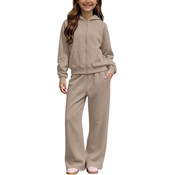 DxhmoneyHX Girls Fleece‑Lined 2‑Piece Outfit Set Hooded Pullover Sweatshirt Wide Leg Sweatpants Casual Warm Trendy Tracksuit 5‑14 Years