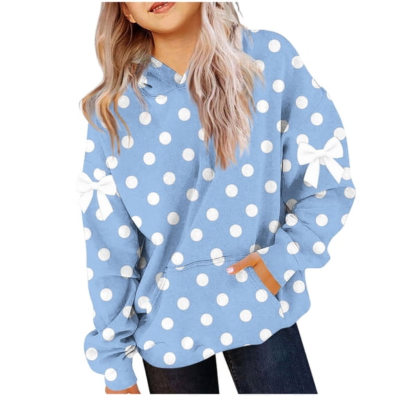 DxhmoneyHX Girls Fleece Polka Dot Hoodie Size 4-14 Years Long Sleeve Sweatshirt Cute Fashion Pullover Tops with Bow Decor Kangaroo Pocket
