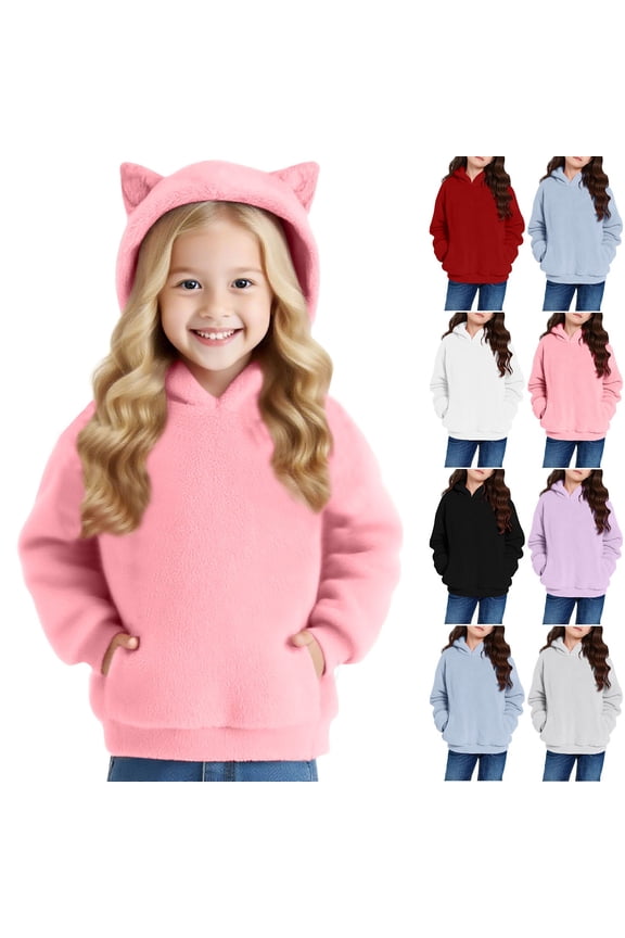 Girls Fuzzy Fleece Hoodies with Cat Ears Oversized Casual Loose Sweatshirts Winter Warm Fluffy Sherpa Pullover Sweater with Pocket 5-15 Years
