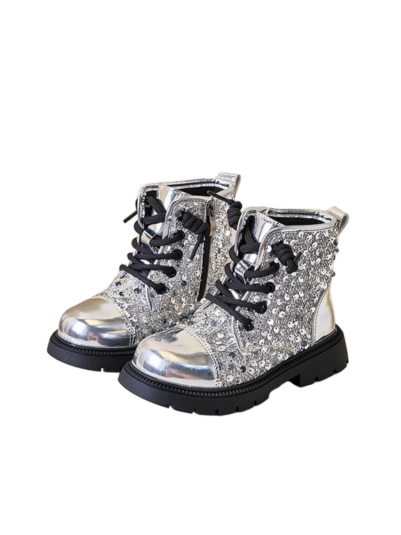 Girls Glitter Boots Sequin Side Zipper Lace‑Up Martin Shoes Fashion Dress Short Boots for Fall Winter Daily Sports Size 3.5‑10.5 Years