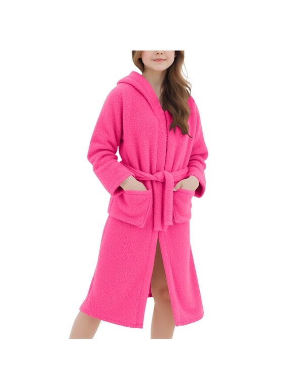Girls Hooded Fuzzy Bathrobe Fleece Long Sleeve Lounge Robe Casual Soft Housecoat with Bear Ears Belt Pocket 5-15 Years