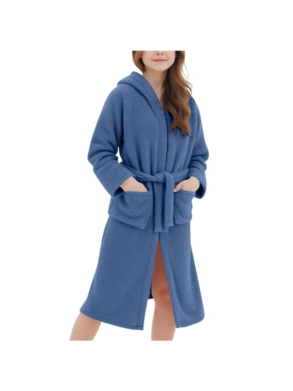 Girls Hooded Fuzzy Bathrobe Fleece Long Sleeve Lounge Robe Casual Soft Housecoat with Bear Ears Belt Pocket 5-15 Years