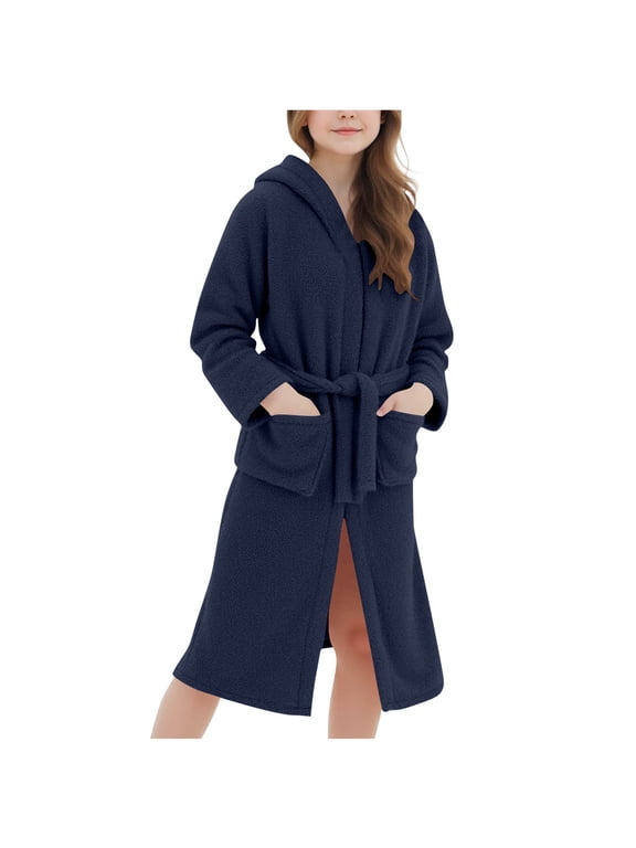 Girls Hooded Fuzzy Bathrobe Fleece Long Sleeve Lounge Robe Casual Soft Housecoat with Bear Ears Belt Pocket 5-15 Years