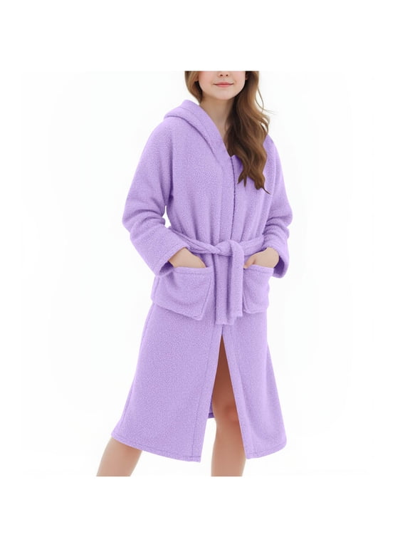Girls Hooded Fuzzy Bathrobe Fleece Long Sleeve Lounge Robe Casual Soft Housecoat with Bear Ears Belt Pocket 5‑15 Years