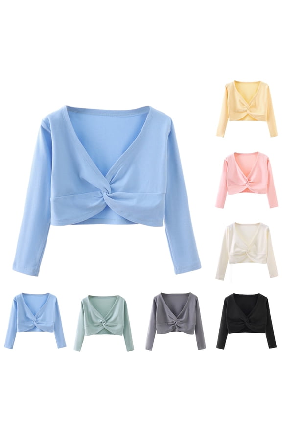 Girls Knot Ruched Dance Crop Tops Kids Ballet Wrap Shrugs Sweater Winter Warm Long Sleeve Wrap Tops Sweatshirt 3-15 Years