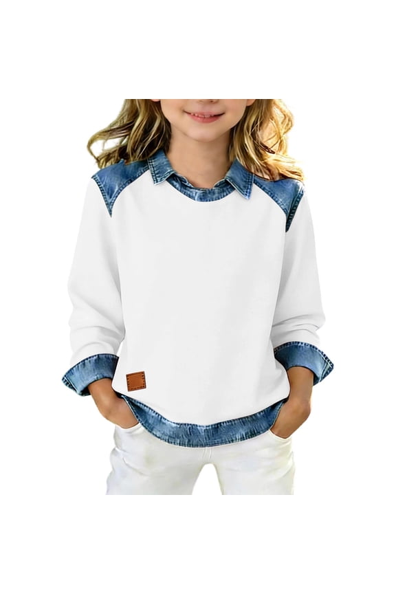 Girls Long Sleeve Shirts Lapel Denim Color Block Dress Shirts Loose Fit Summer Stylish Classic Pullover Tops Age 5-14Years