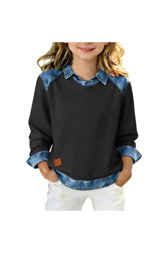Girls Long Sleeve Shirts Lapel Denim Color Block Dress Shirts Loose Fit Summer Stylish Classic Pullover Tops Age 5-14Years