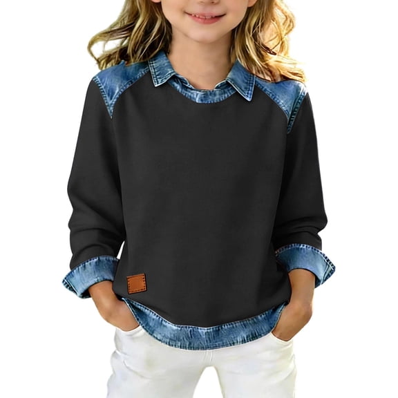 DxhmoneyHX Girls Long Sleeve Shirts Lapel Denim Color Block Dress Shirts Loose Fit Summer Stylish Classic Pullover Tops Age 5-14Years