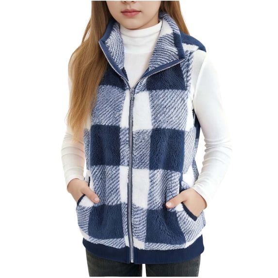 DxhmoneyHX Girls Plaid Fuzzy Vest Fleece Stand‑Collar Zip‑Up Sleeveless Jackets Fall Winter Warm Outdoor Gilet with Pockets 3‑16 Years