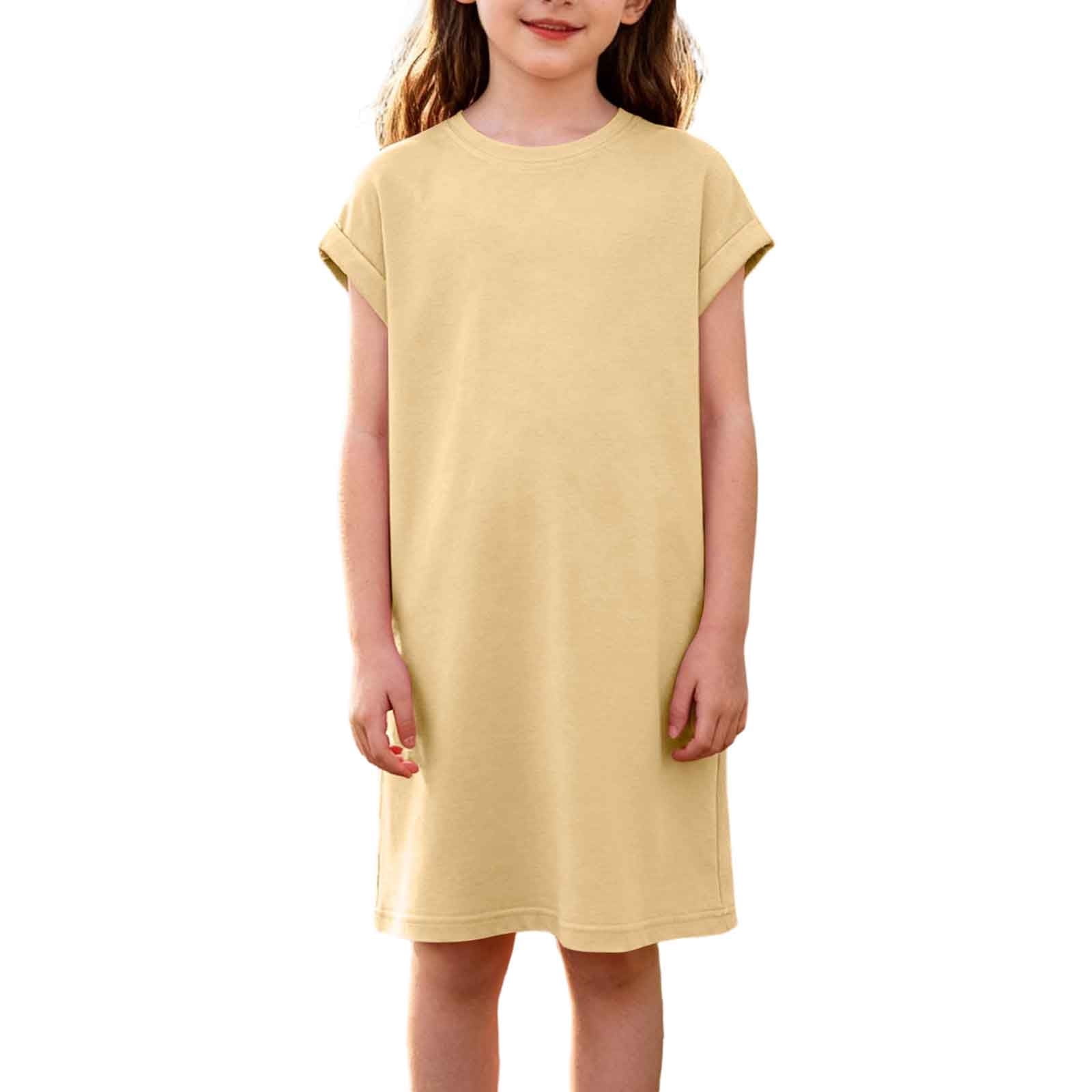 DxhmoneyHX Girls Short Sleeve Dress A Line Swing Basic Knee Length ...