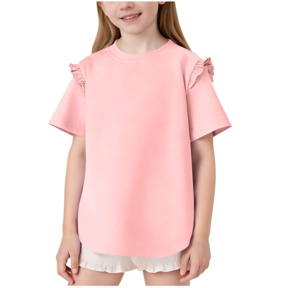DxhmoneyHX Girls Short Sleeve Shirts Kids Crewneck Summer T-Shirts Ruffle Tunic Tops Fashion Tees 3-13Years