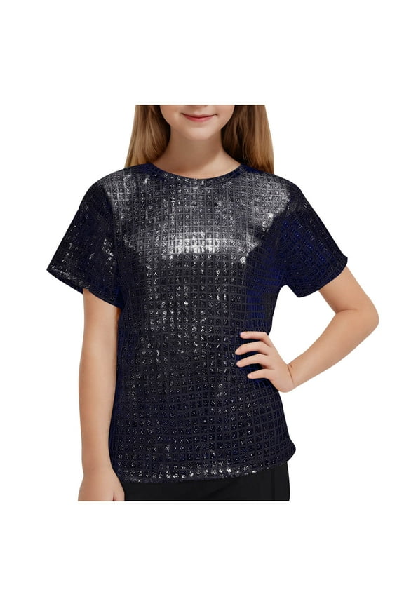 Girls Short Sleeve T Shirt Sparkly Print Blouse Crew Neck Grid Tunic Tops Loose Fit Performance Tees