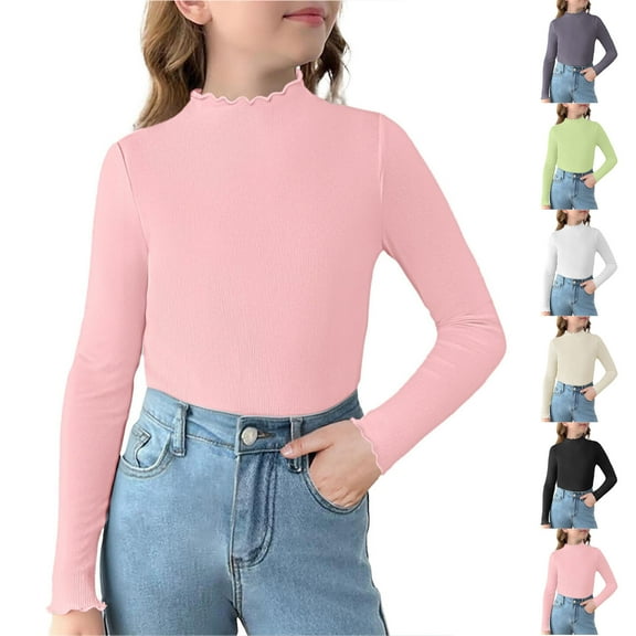 DxhmoneyHX Girls Sweater Lettuce Trim Mock Neck Long Sleeve Shirts Ribbed Knit Slim Fit Base Layer Tops Fall Winter Tees Blouse 1-12 Years